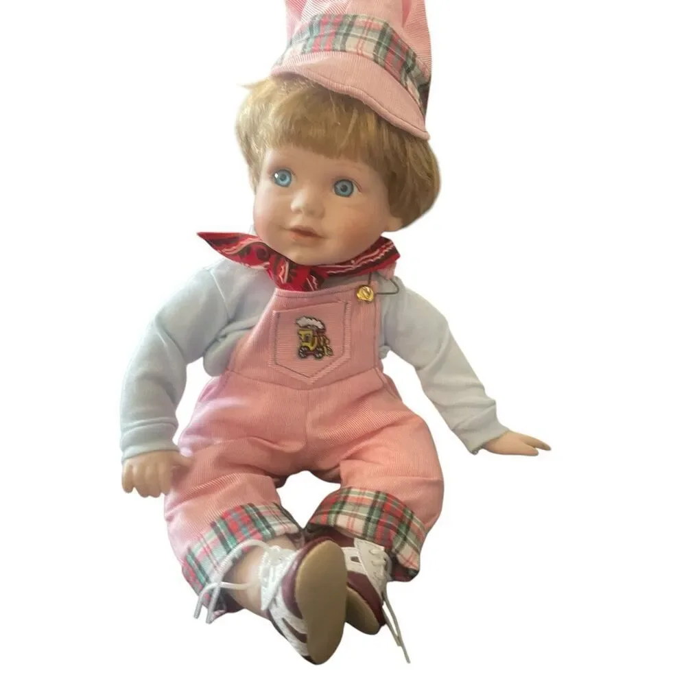 Unbranded Kids Pink White Overalls Hat Porcelain Doll